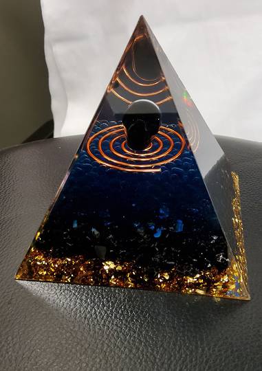 Obsidian Skull, Copper, Blue Onyx, Black Tourmaline Orgonite Pyramid